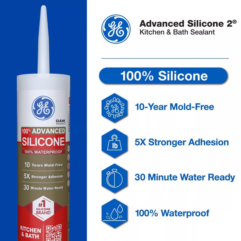 GE Advanced Clear Silicone 2 Kitchen and Bath Caulk Sealant 10.1 oz