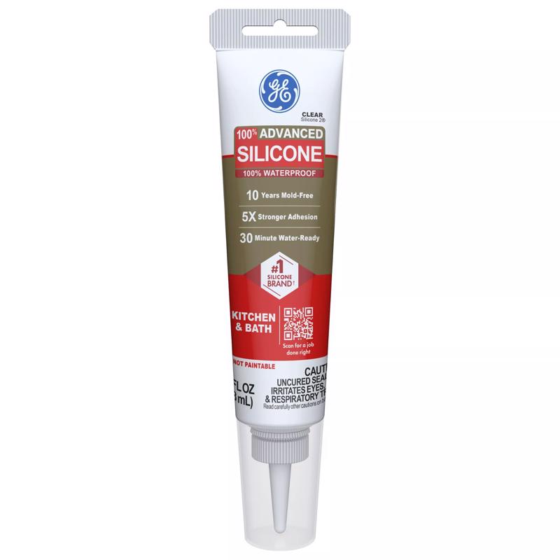 GE Advanced Silicone Caulk for Kitchen & Bathroom - 100% Waterproof Silicone Sealant, 5X Stronger Adhesion, Shrink & Crack Proof - 2.8 fl oz Tube