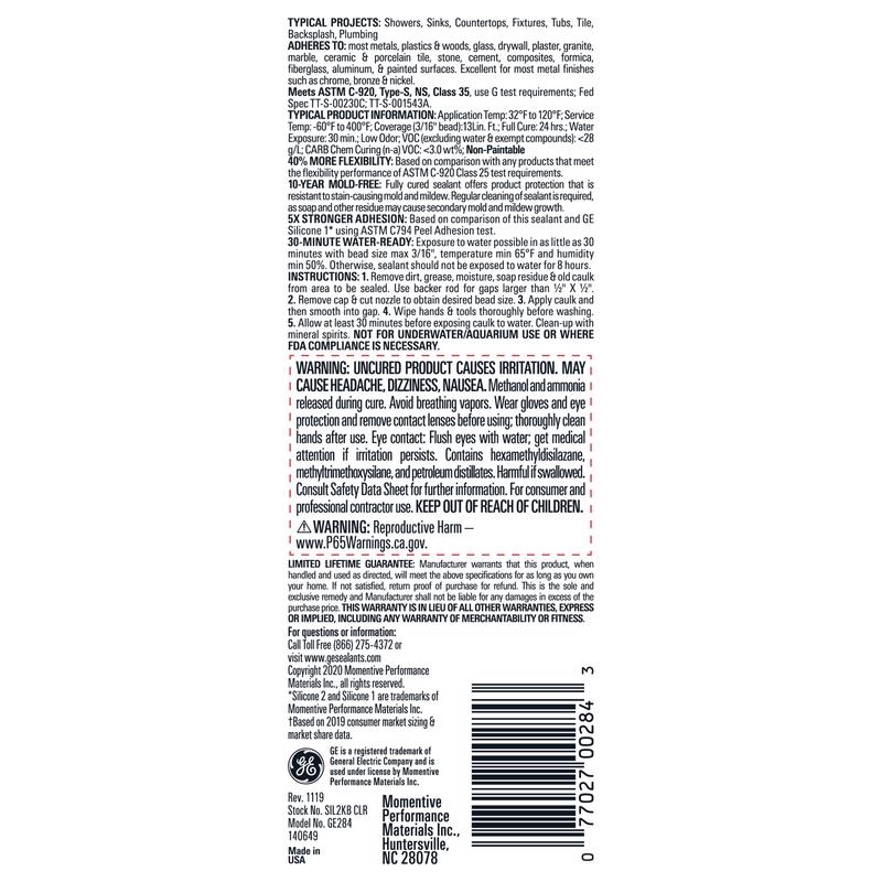 GE Advanced Clear Silicone 2 Kitchen and Bath Caulk Sealant 2.8 oz