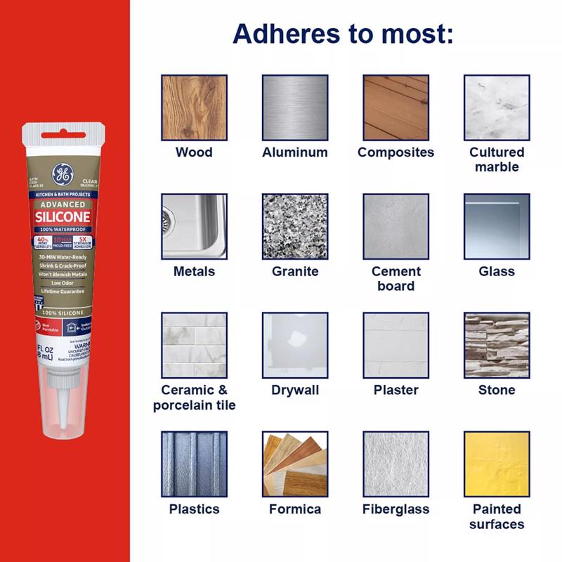 GE Advanced Clear Silicone 2 Kitchen and Bath Caulk Sealant 2.8 oz