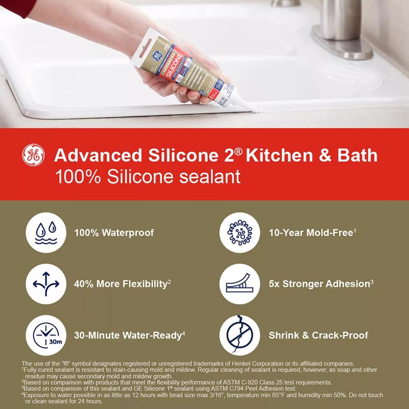 GE Advanced Clear Silicone 2 Kitchen and Bath Caulk Sealant 2.8 oz
