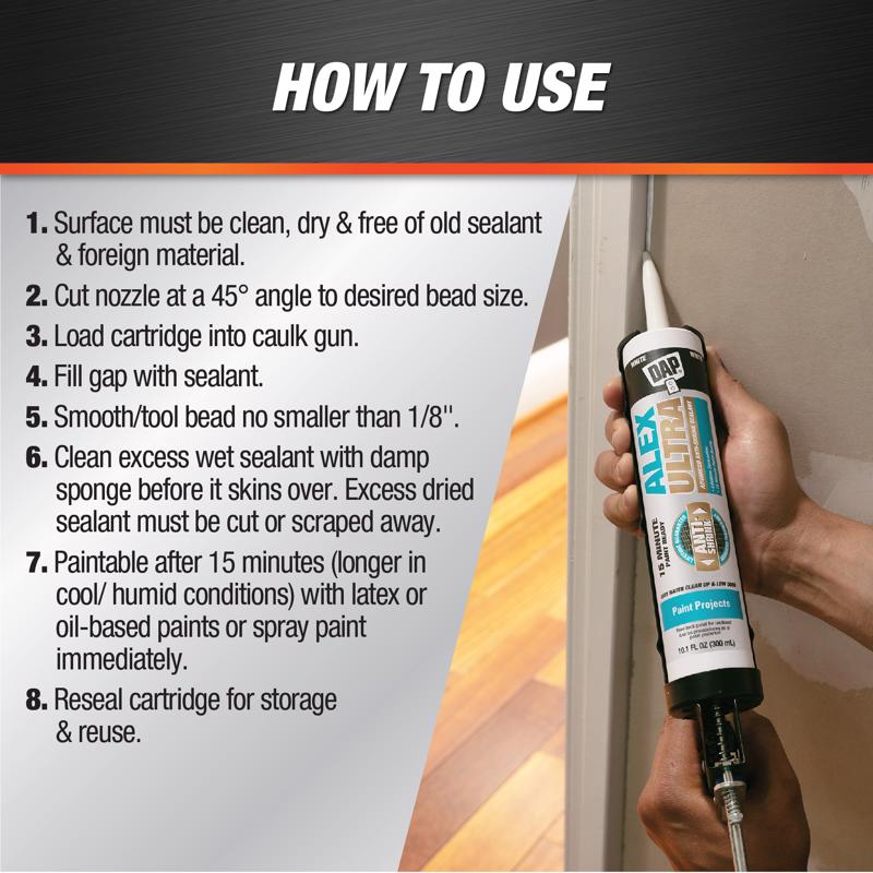 DAP Alex Ultra White Elastomeric Acrylic Latex All Purpose Waterproof Sealant 10.1 oz