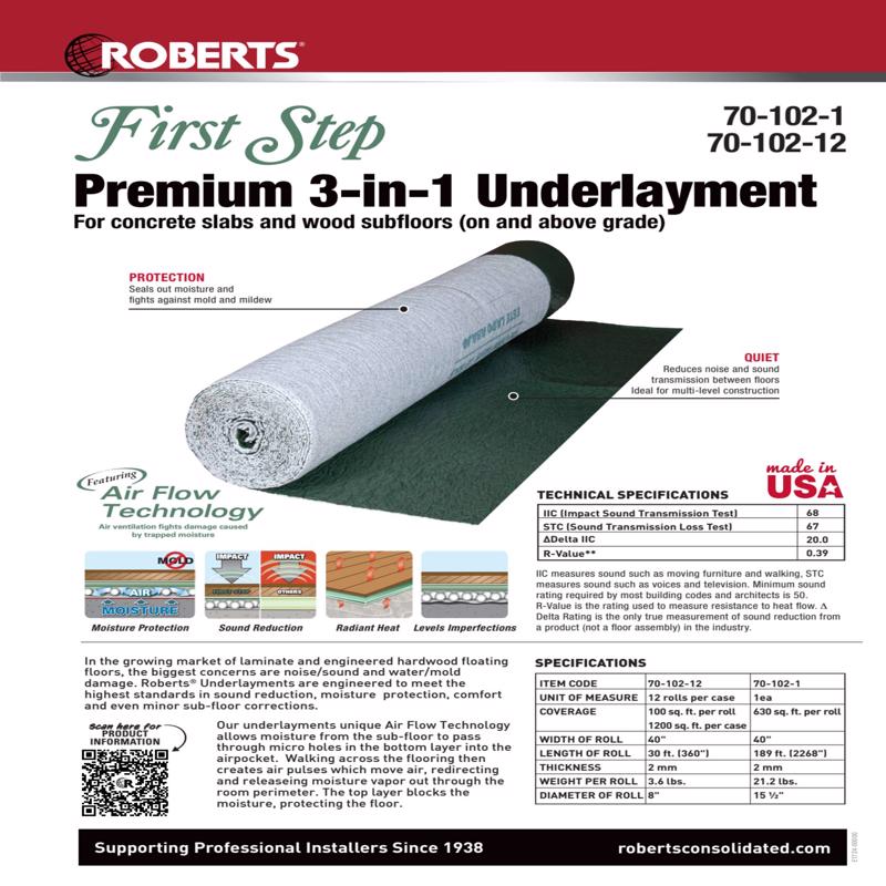 Roberts First Step 3-in-1 Underlayment Roll 2 mil X 40 in. W X 30 ft. L Plastic Green 1 pk