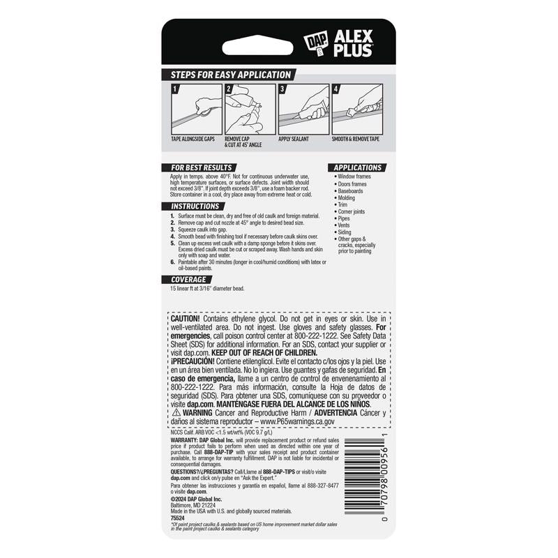 DAP Alex Plus White Siliconized Acrylic Latex All Purpose Caulk 2.8 fl. oz.