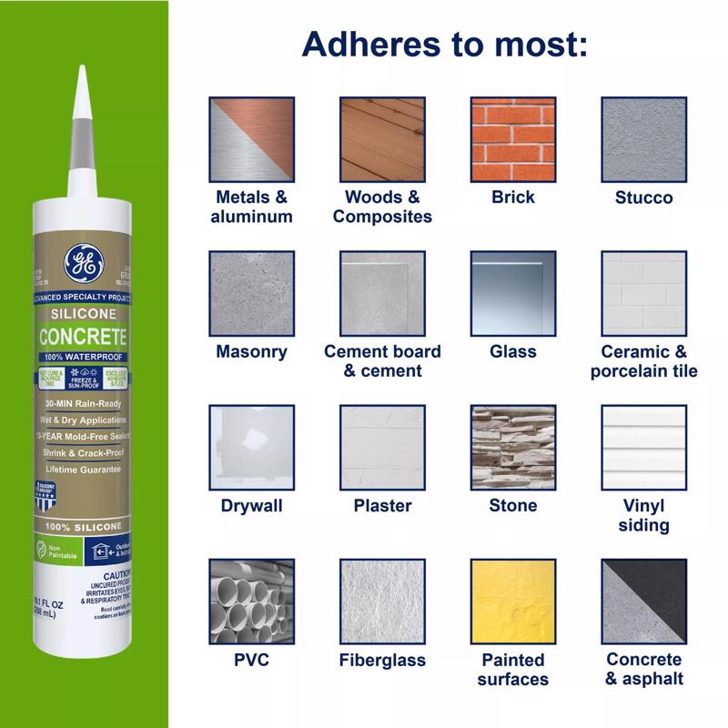 GE Advanced Light Gray Silicone 2 Concrete and Masonry Caulk Sealant 10.1 oz