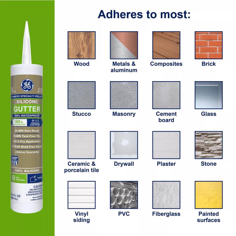 GE Advanced Clear Silicone 2 Gutter and Flashing Caulk Sealant 10.1 oz