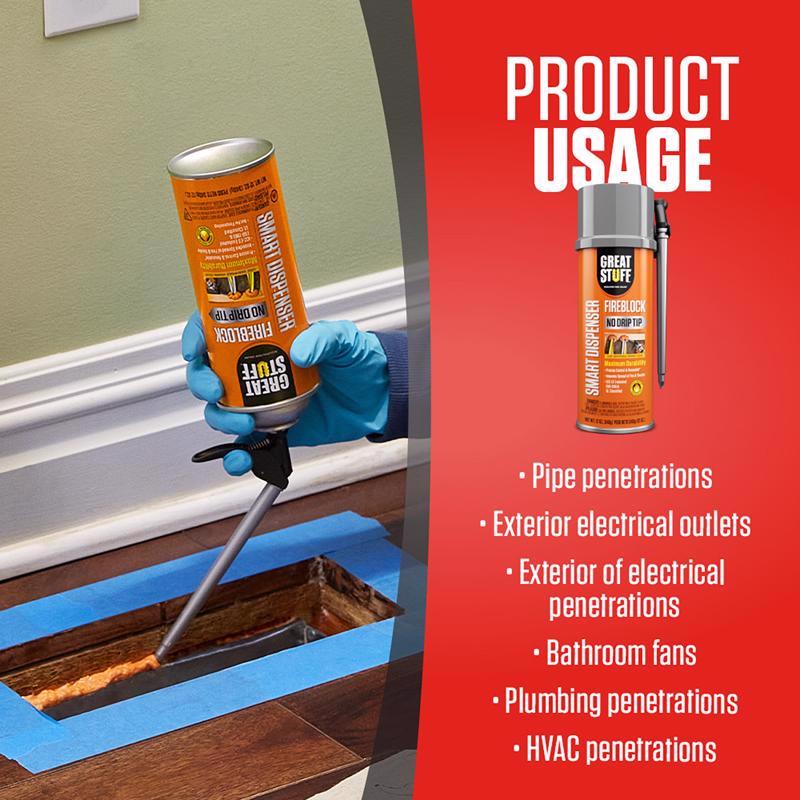 Great Stuff Smart Dispenser Orange Polyurethane Fireblock Foam Sealant 12 oz