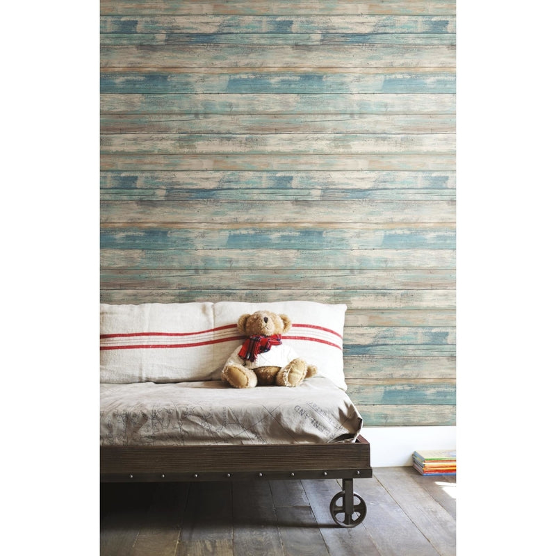 RoomMates 20.5 in. H X 16.5 ft. L Distressed Wood Blue Vinyl Peel and Stick Wallpaper