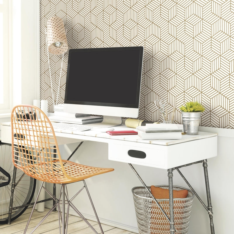 RoomMates 20.5 in. H X 16.5 ft. L Striped Hexagon White/Gold Vinyl Peel and Stick Wallpaper