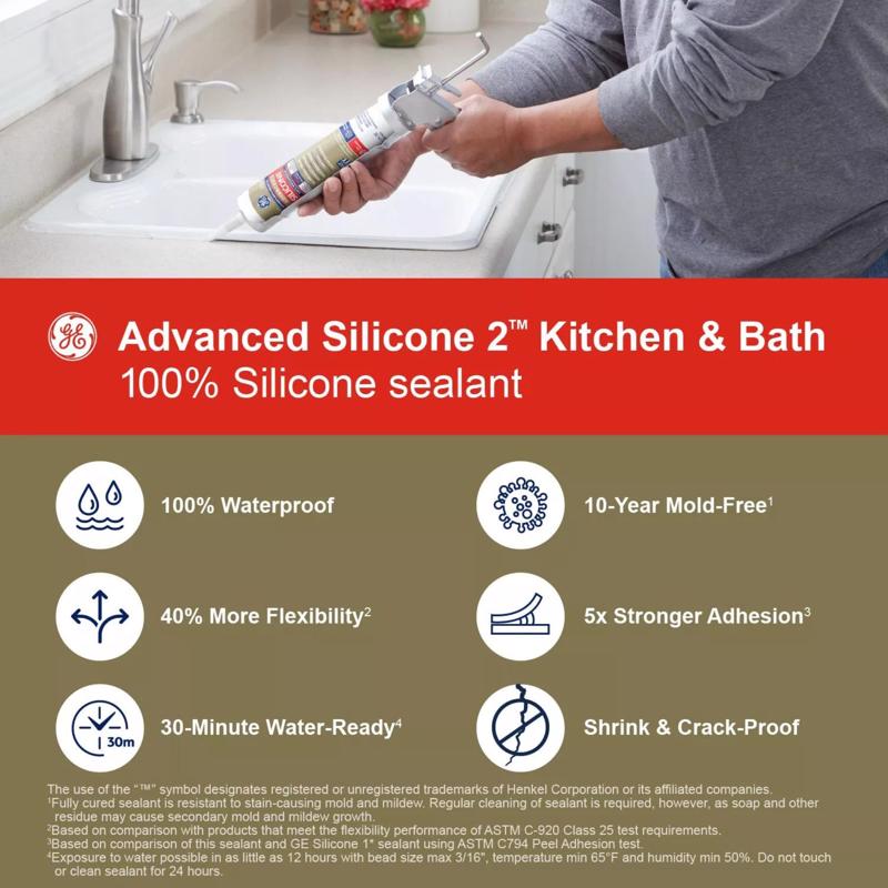 GE Advanced Almond Silicone 2 Kitchen and Bath Caulk Sealant 10.1 oz