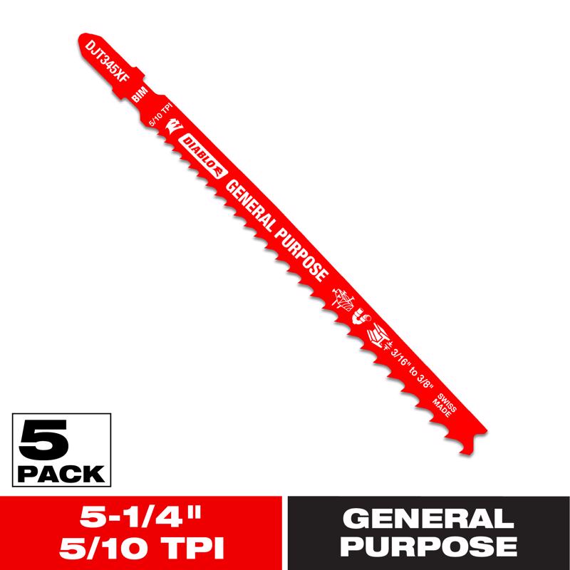 Diablo 5-1/4 in. Bi-Metal T-Shank General Purpose Jig Saw Blade 5/10 TPI 5 pk
