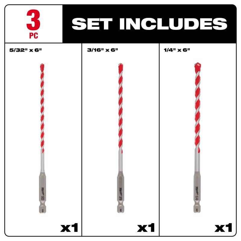 Milwaukee Shockwave 6 in. L Carbide Hammer Drill Bit Set Hex Shank 3 pc