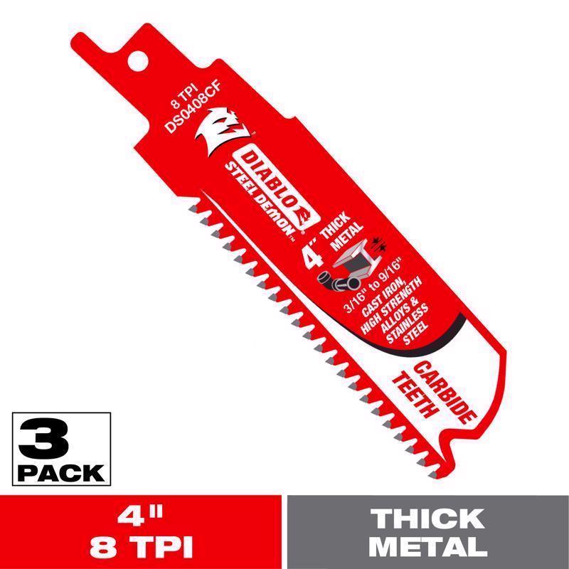 Diablo Steel Demon 4 in. Carbide Tipped Thick Metal Reciprocating Saw Blade 8 TPI 3 pk