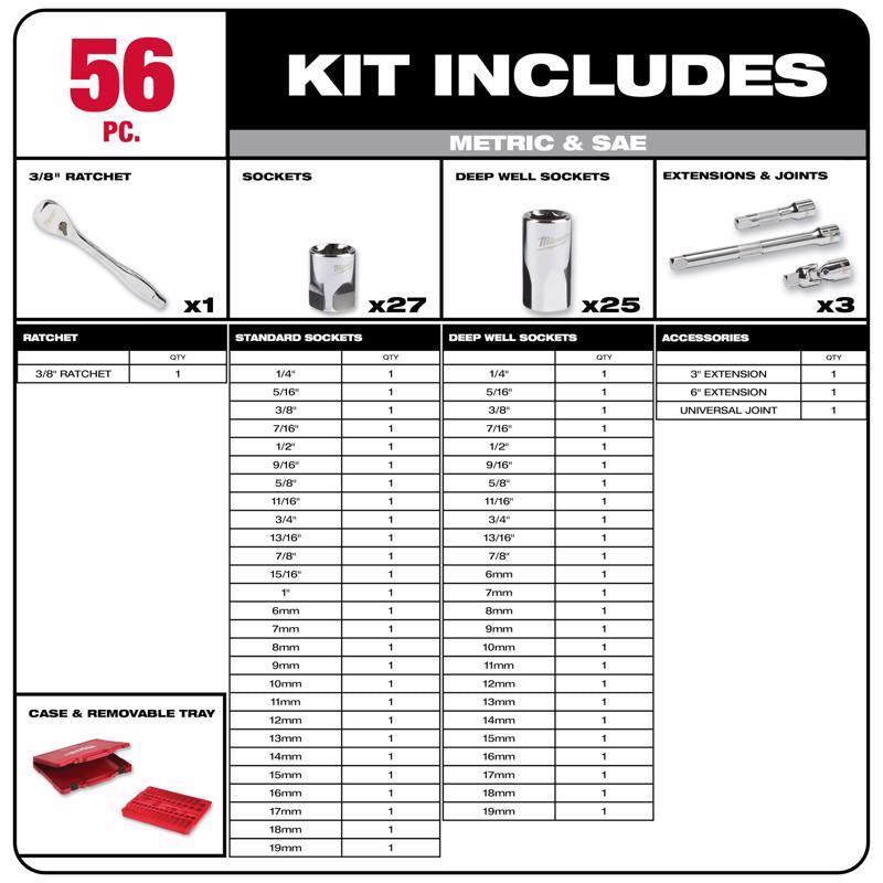 Milwaukee 3/8 in. drive Metric and SAE Mechanics Socket and Ratchet Set 56 pc