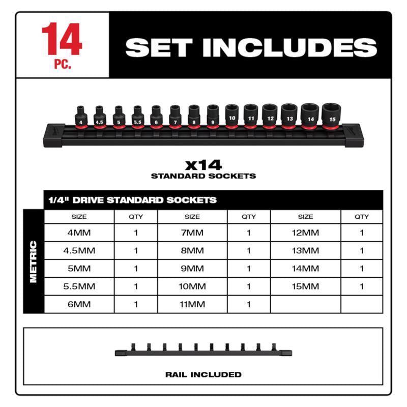 Milwaukee Shockwave 1/4 in. drive Metric 6 Point Standard Socket Set 14 pc