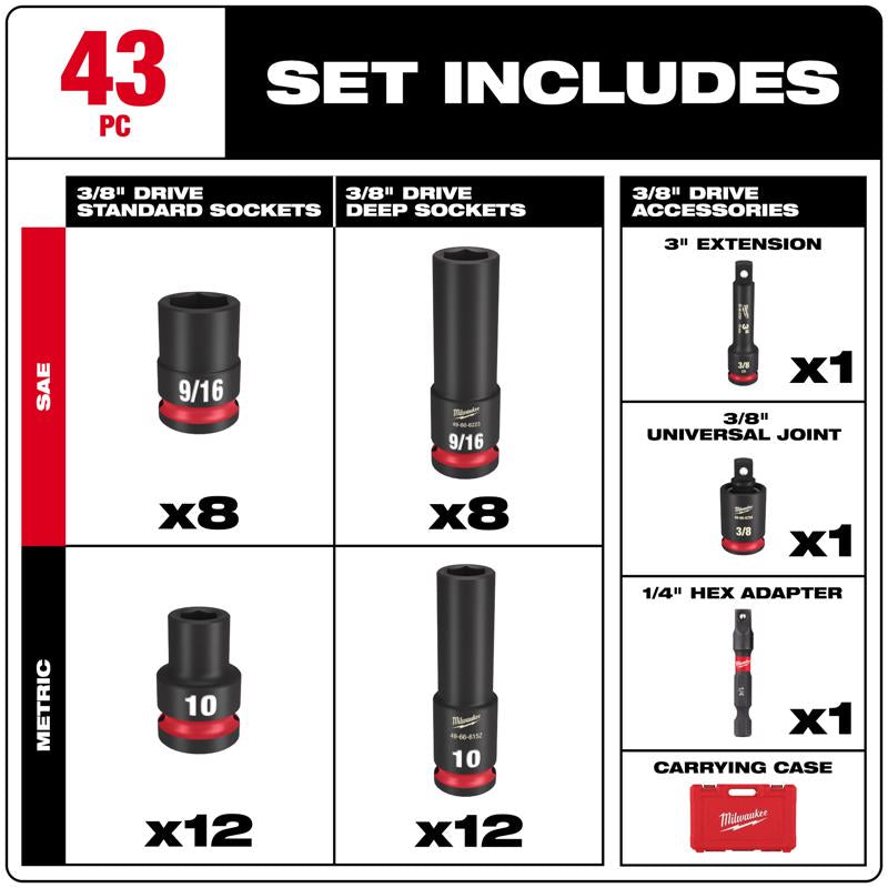 Milwaukee Shockwave 3/8 in. drive Metric/SAE 6 Point Standard/Deep Impact Socket Set 43 pc