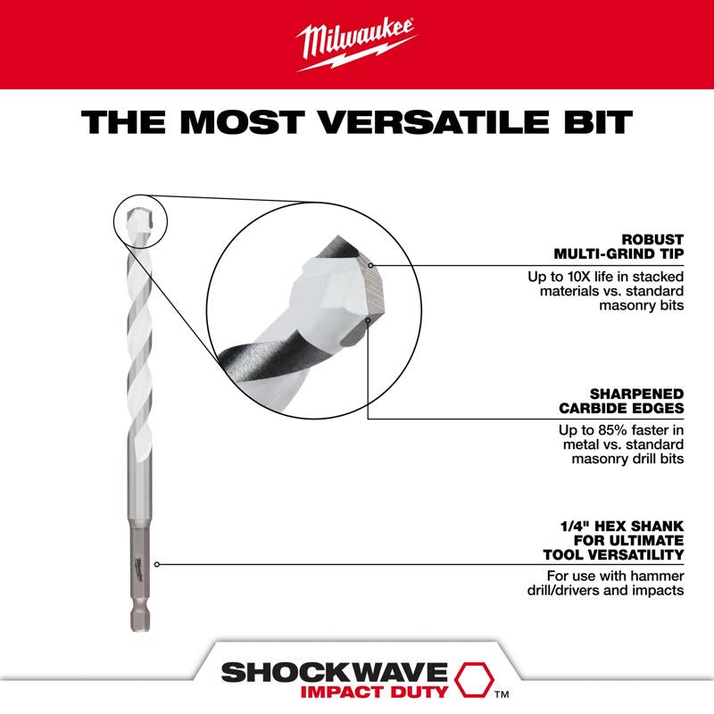 Milwaukee Shockwave 3/8 in. X 6 in. L Carbide Percussion Drill Bit Hex Shank 1 pc