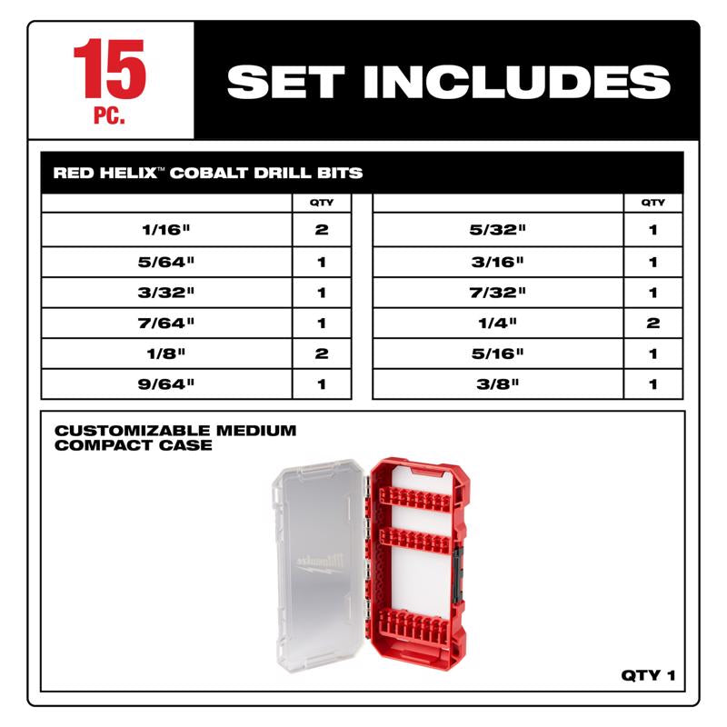 Milwaukee Red Helix Cobalt Drill Bit Set 3-Flat Shank 1 pk