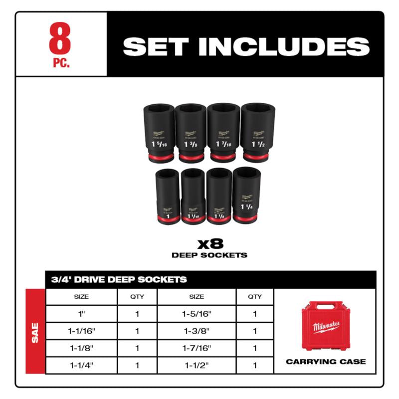 Milwaukee Shockwave 1-3/8 in. X 3/4 in. drive SAE 6 Point Deep Impact Socket Set 8 pc