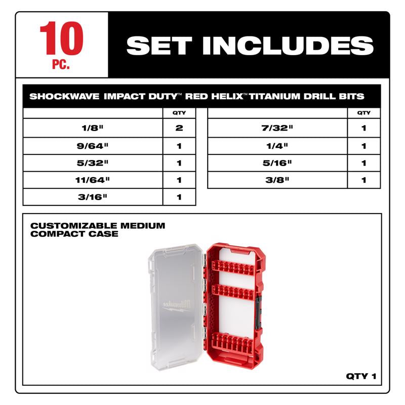 Milwaukee Shockwave Titanium Impact Rated Drill Bit Set Hex Shank 10 pc