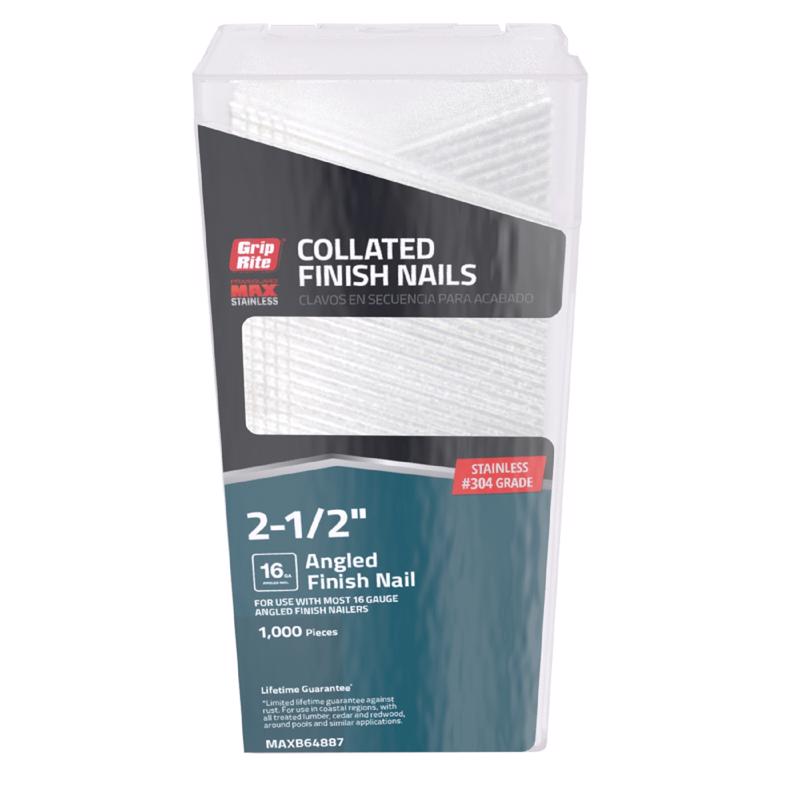 Grip-Rite 2-1/2 in. L X 16 Ga. Angled Strip Stainless Steel Finish Nails 20 deg 1000 pk