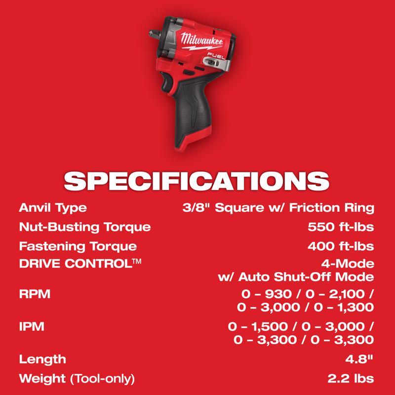 Milwaukee M12 FUEL 3/8 in. Cordless Brushless High Torque Impact Wrench