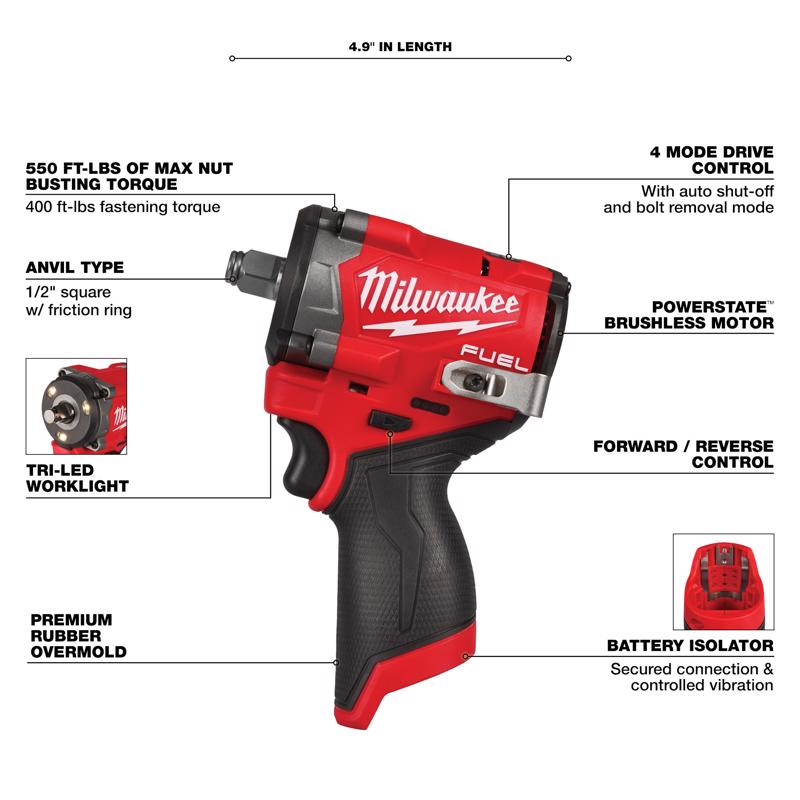 Milwaukee M12 1/2 in. Cordless Brushless Impact Wrench Tool Only
