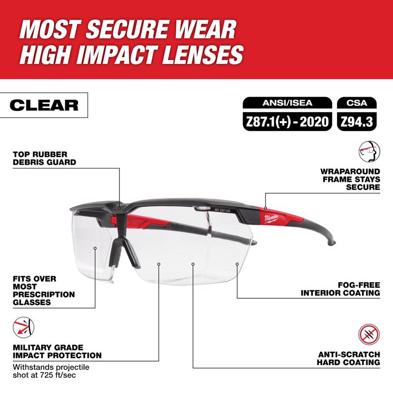 Milwaukee Tool Impact-Resistant Safety Glasses Clear Lens Black/Red Frame 1 pk
