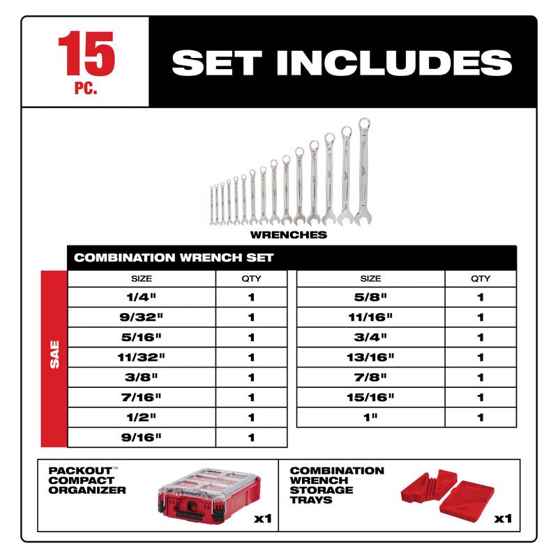 Milwaukee Packout 12 Point SAE Wrench Set 15 pc