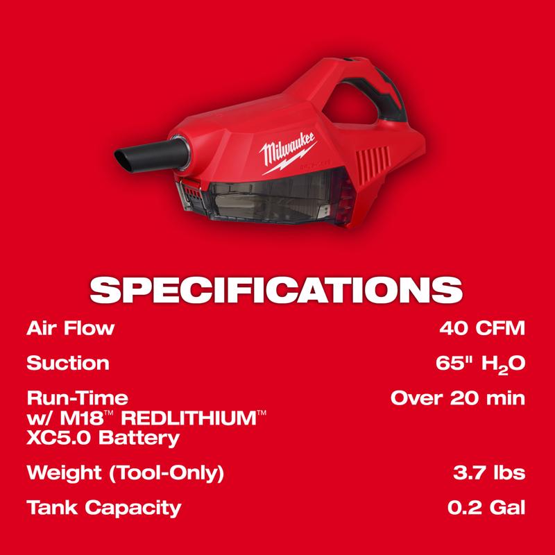 Milwaukee 0.2 gal Cordless Hand Vacuum Tool Only