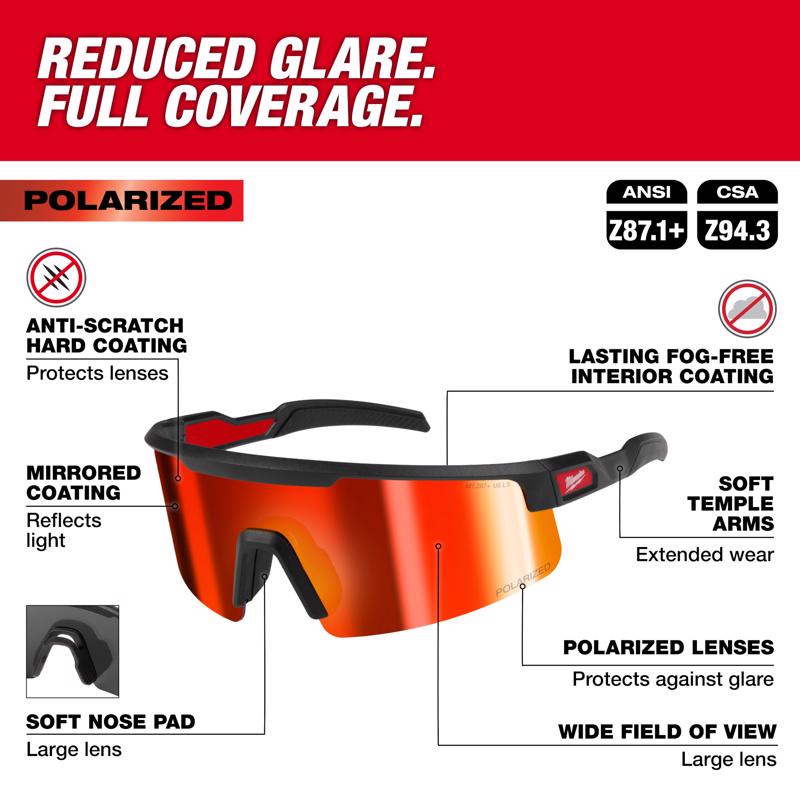 Milwaukee Anti-Fog Polarized Wrap Around Safety Glasses Red Mirror Lens Black Frame 1 pair