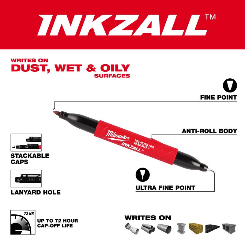Milwaukee Inkzall Black Ultra Fine and Fine Tips Jobsite Marker 1 pc