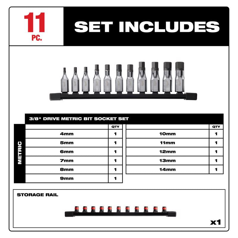 Milwaukee 3/8 in. drive Metric 6 Point Hex Bit Socket Set 11 pc