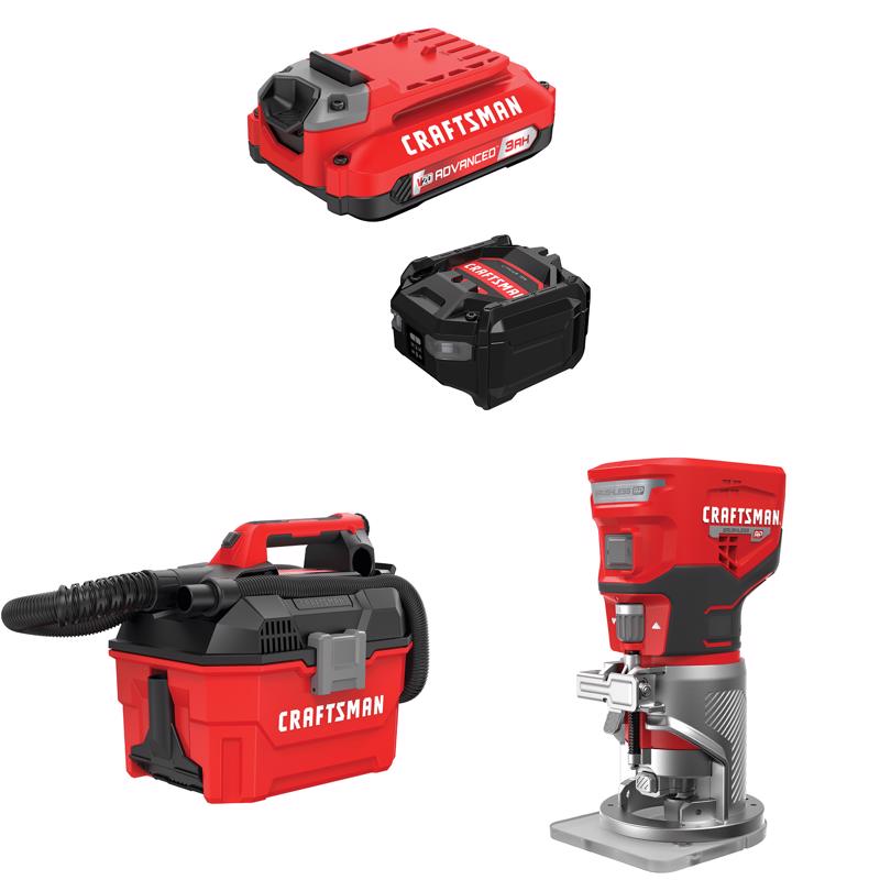 CRAFTSMAN V20 3Ah Advanced Battery Starter with 2Gal Wet/Dry Vac withBrushless RP Router