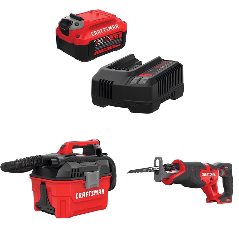 CRAFTSMAN V20 4Ah Battery and Charger Starter Kit with 2Gal Wet/Dry Vac with Reciprocating Saw