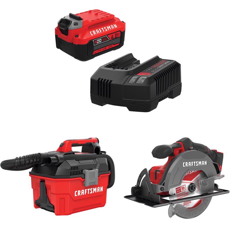 CRAFTSMAN V20 4Ah Battery and Charger Starter Kit with 2Gal Wet/Dry Vac with6-1/2-in Circular Saw