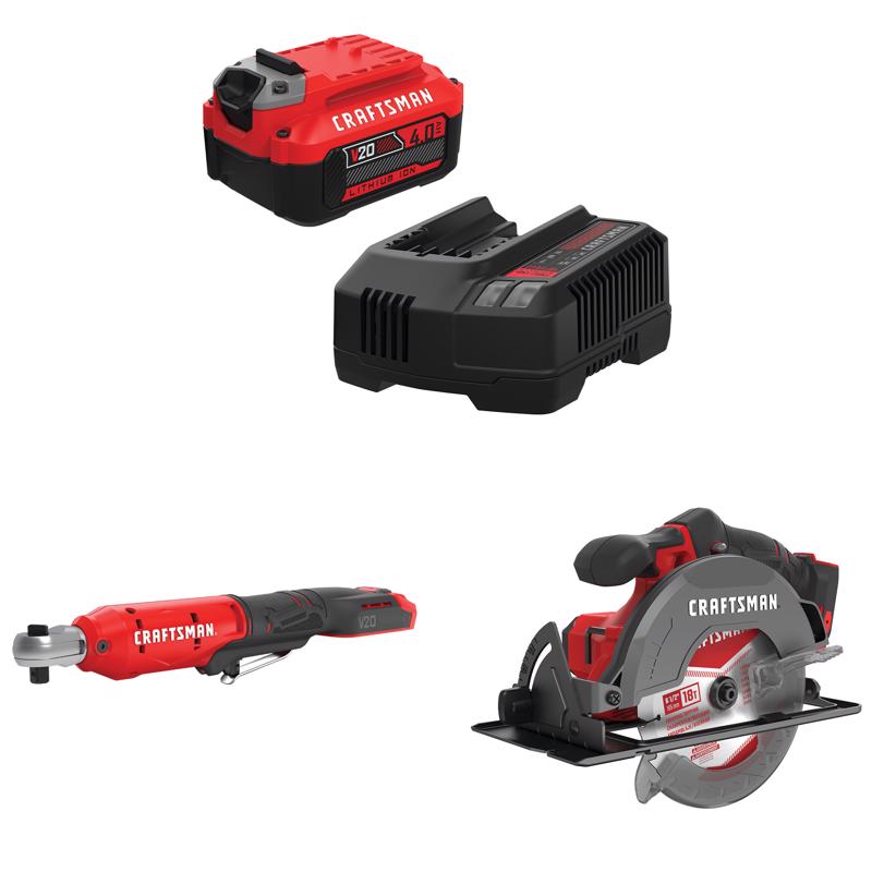 CRAFTSMAN V20 4Ah Battery and Charger Starter Kit with 3/8-in Ratchet with6-1/2-in Circular Saw