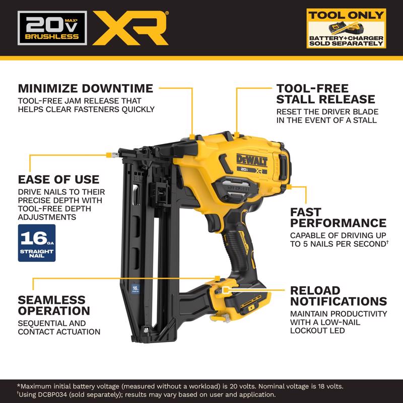 DEWALT 20V MAX XR 16 Ga. Cordless Straight Finish Nailer Tool Only