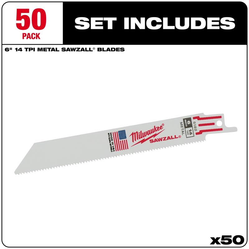 Milwaukee Sawzall 6 in. High Speed Steel Reciprocating Saw Blade 14 TPI 50 pk
