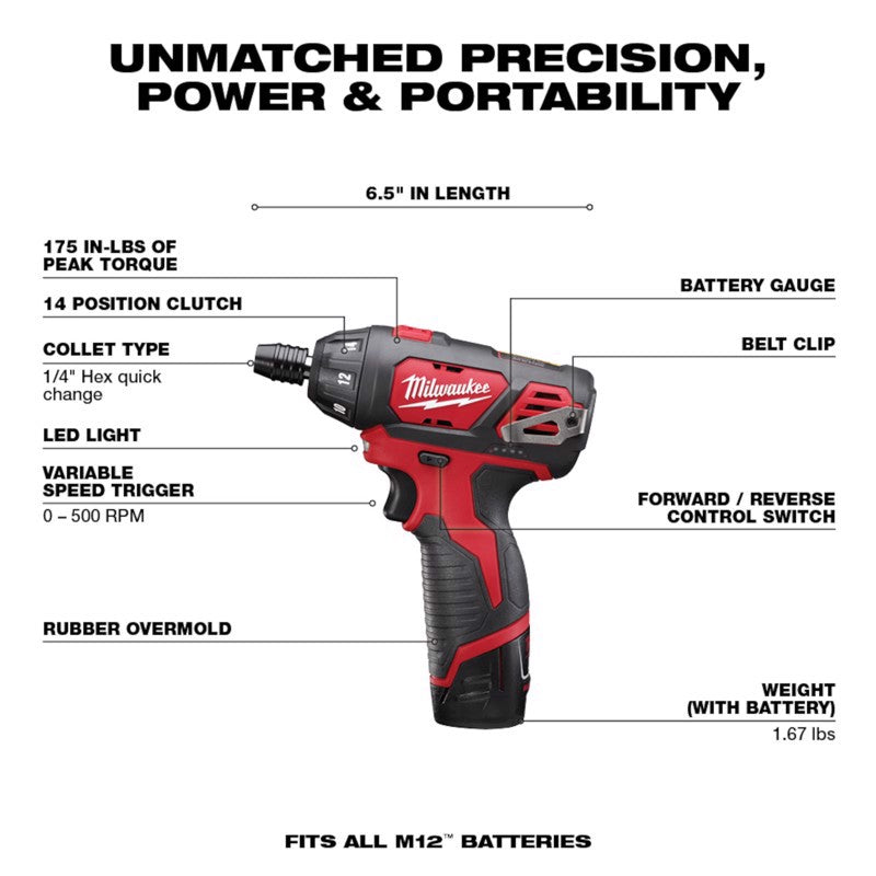 Milwaukee M12 Brushed Cordless Battery Operated Screwdriver Kit
