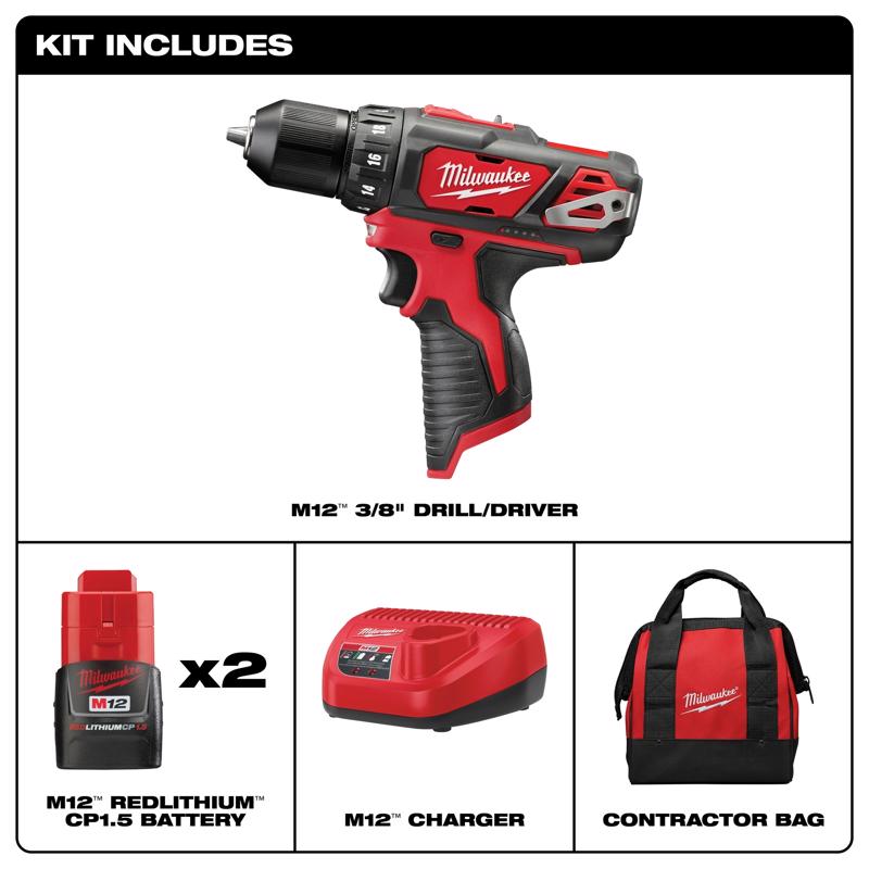 Milwaukee M12 3/8 in. Brushed Cordless Drill/Driver Kit (Battery & Charger)