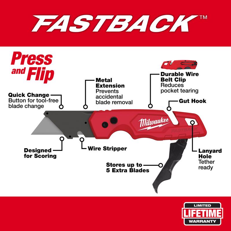 Milwaukee Fastback 6-3/4 in. Press and Flip Folding Utility Knife Red 1 pc