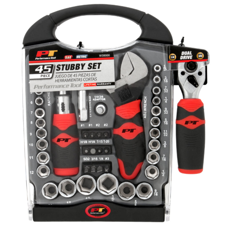 Performance Tool 1/4 and 3/8 in. drive 6 Point Stubby Socket and Tool Set 45 pc