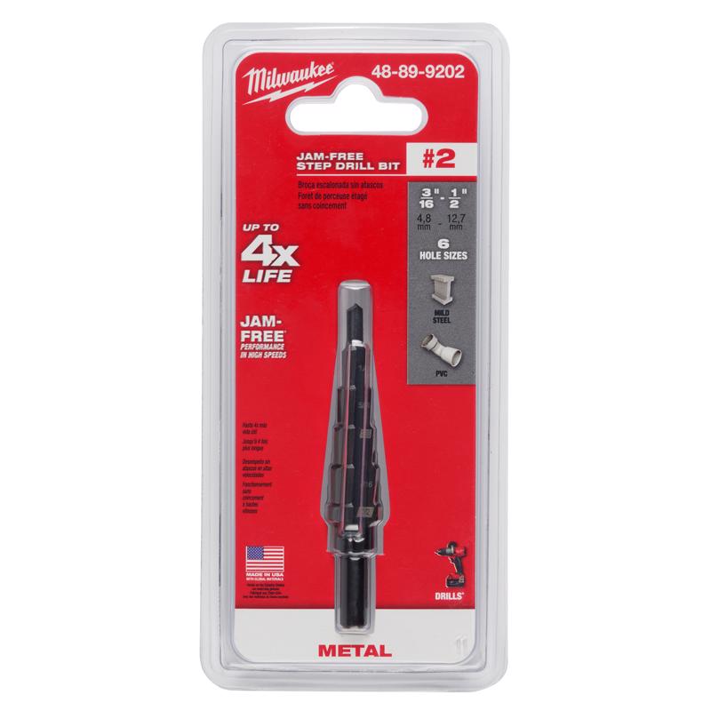 Milwaukee JAM-FREE 3/16 to 1/2 in. X 6 in. L Black Oxide Step Drill Bit 3-Flat Shank 1 pc