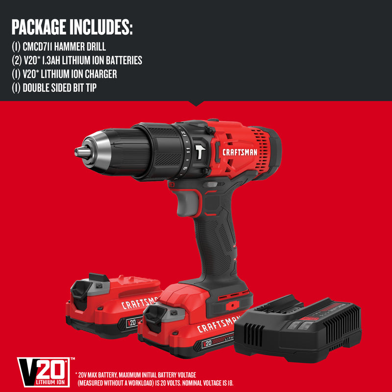 Craftsman V20 1/2 in. Brushed Cordless Hammer Drill Kit (Battery & Charger)