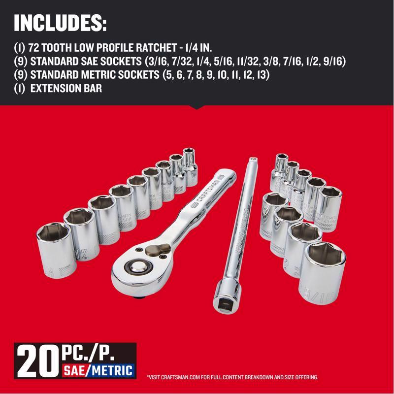 Craftsman 1/4 in. drive Metric and SAE 6 Point Socket and Ratchet Set 20 pc