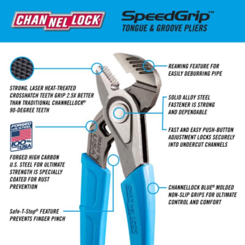 Channellock SpeedGrip 9.5 in. Carbon Steel Push Button Tongue and Groove Pliers