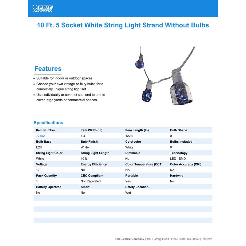 Feit String Lights LED Mix N Match Socket String Light Strand Clear 10 ft. 5 lights