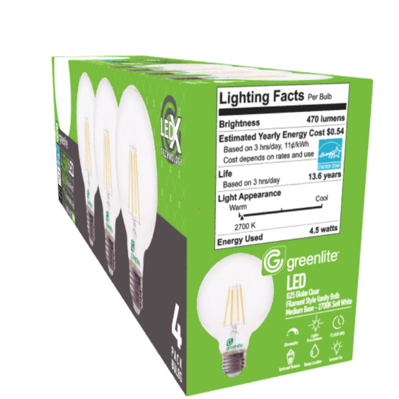 Greenlite G25 E26 (Medium) Filament LED Bulb Soft White 40 Watt Equivalence 4 pk