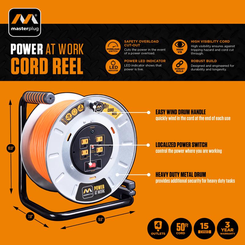 Masterplug 50 ft. L Metal Cord Reel